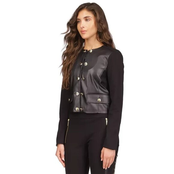 Michael Kors Women's Button-Front Mixed-Media Jacket Black Size P/L MSRP $175 - Picture 4 of 5
